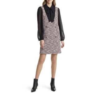 Julia Jordan Black Multicolor Tweed Bow Tie Pinafore Sleeves Mini Shirt Dress 8